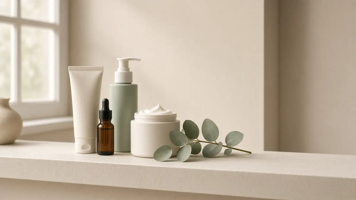 Skincare products on a bathroom shelf